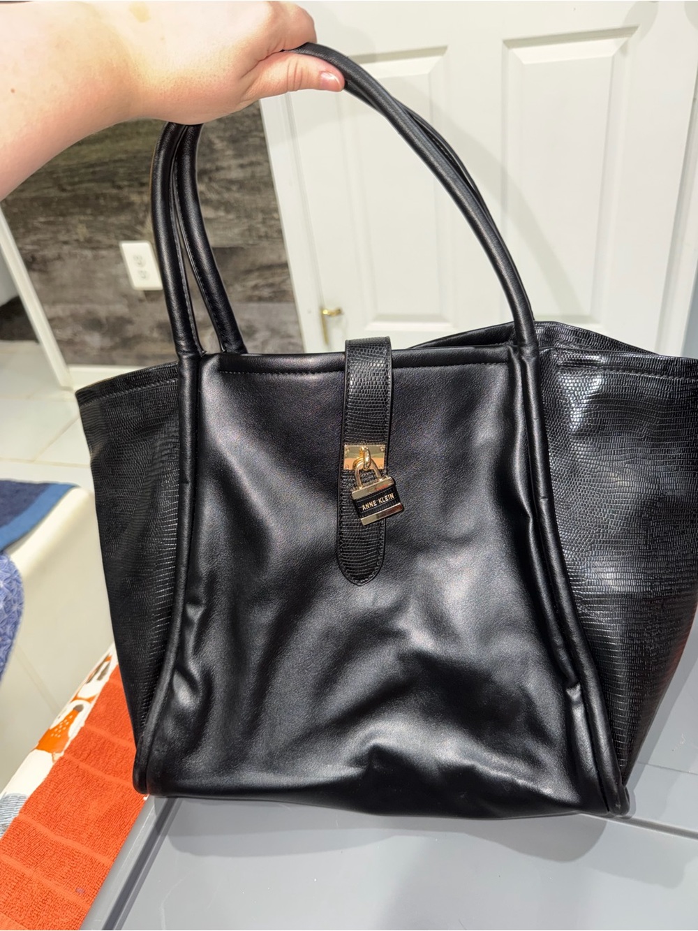 Anne Klein Black Leather Tote Bag with Gold Lock Accent, never worn